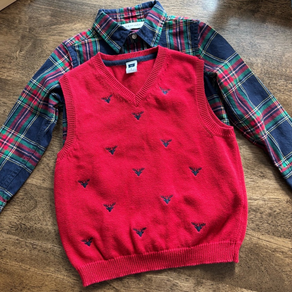 Janie and Jack long sleeve button down with Deer Vest size 3